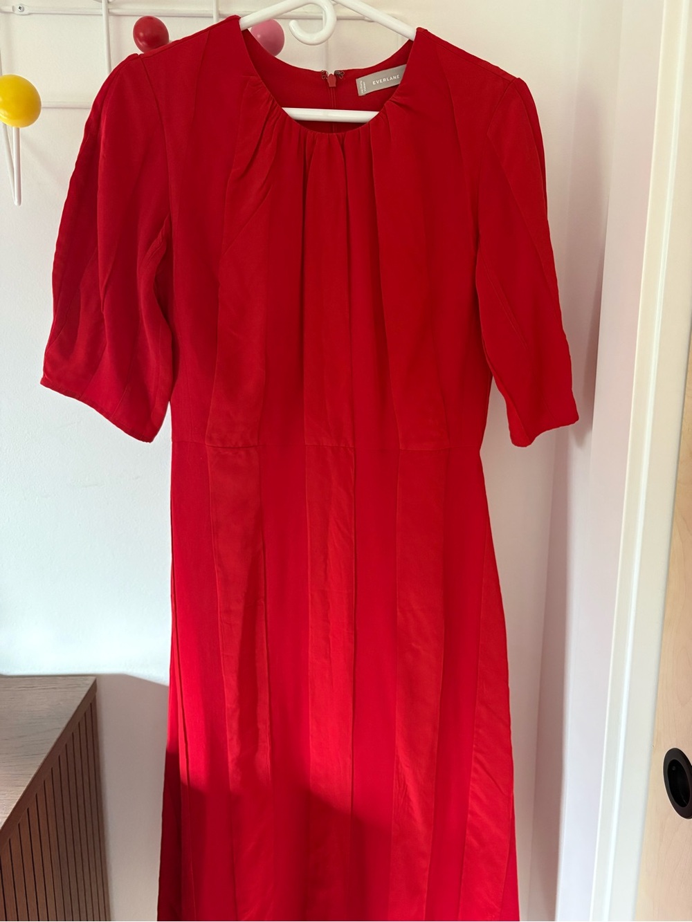 Everlane Red Midi Dress Gathered Neck 3/4 Sleeve Pockets Size 0